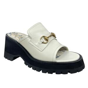 Gucci Cordovan Horsebit Open Toe Platform Slide Sandal Dusty White Size 41